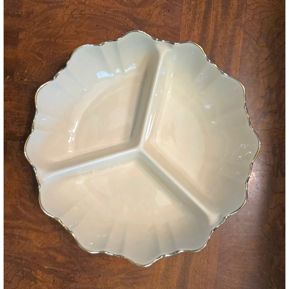 Lenox Symphony Porcelain 3 Section Divided Serving Bowl Ivory Gold Trim Candy